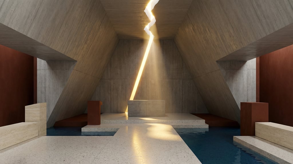 3D render of a minimalist chapel interior with brushed concrete walls converging toward A dramatic c