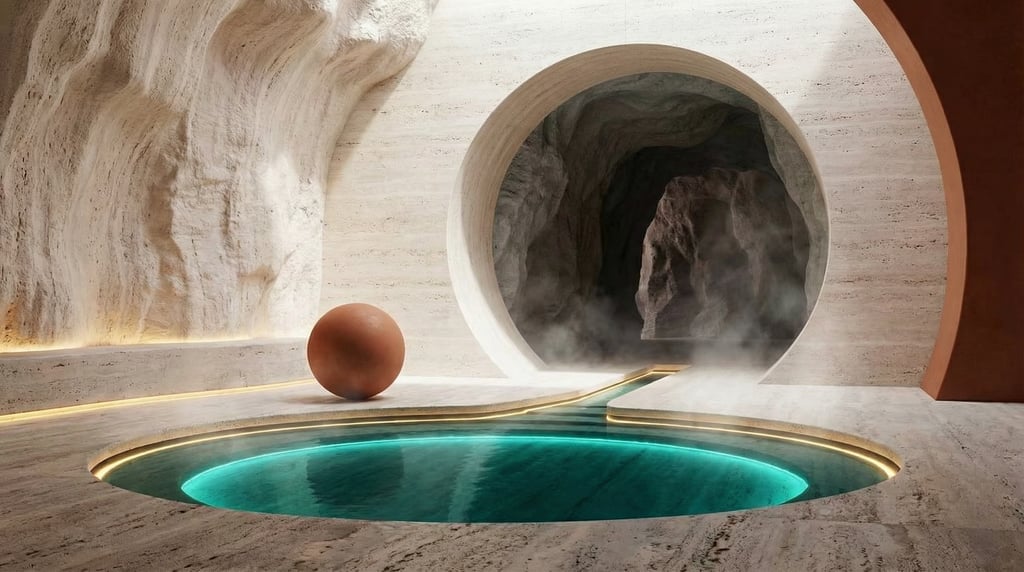 3D render of a thermal spring grotto with pale travertine walls and a natural A perfectly circular p