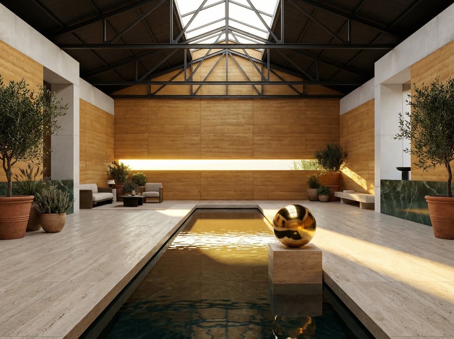 3D render of a Mediterranean warehouse conversion with rammed earth in warm ochre walls and exposed