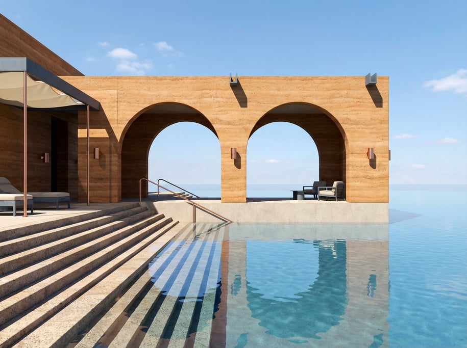 3D render of a modernist pavilion of rammed earth in warm ochre built over a calm crystalline blue l