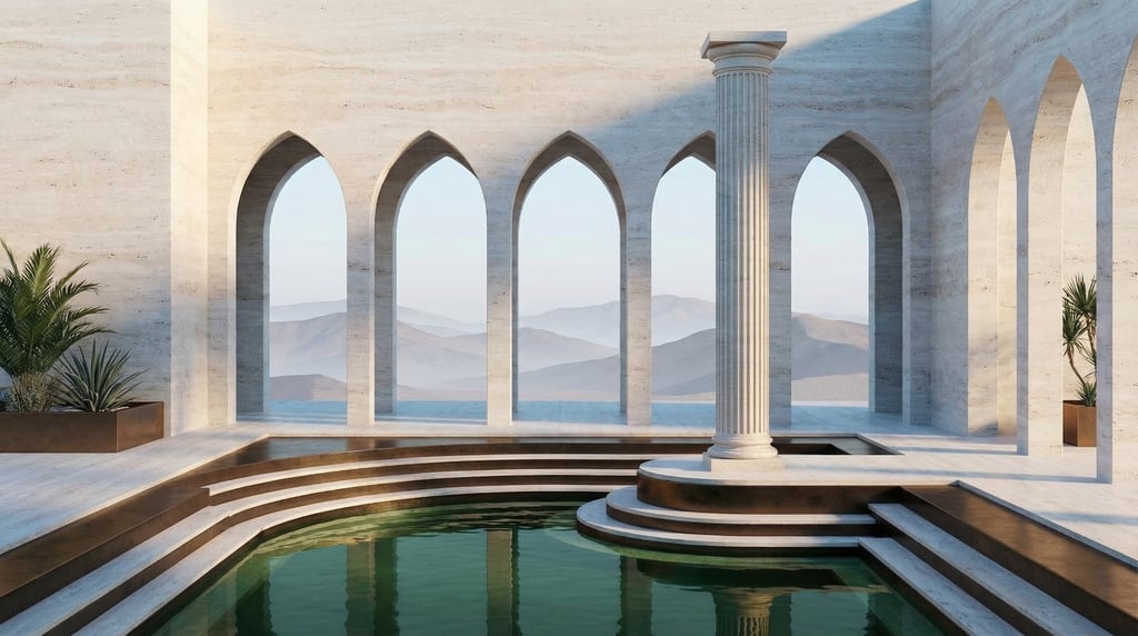 3D render of a desert sanctuary with pale travertine walls and A row of slender pointed arches openi