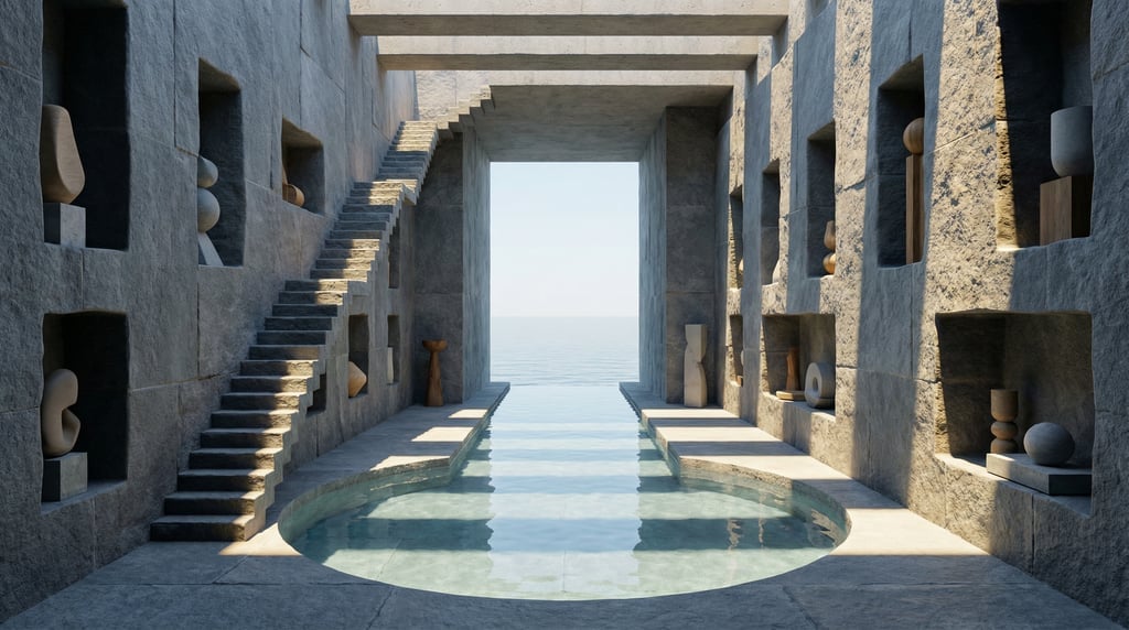 3D render of a minimalist spa carved into a cool grey bluestone canyon