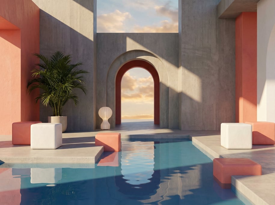 3D render of a rooftop sanctuary with brushed concrete walls and an open sky above