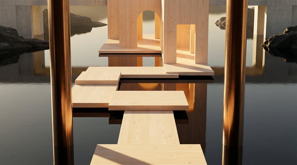 3D render of a series of interconnected pale Douglas fir timber platforms stepping across a still da