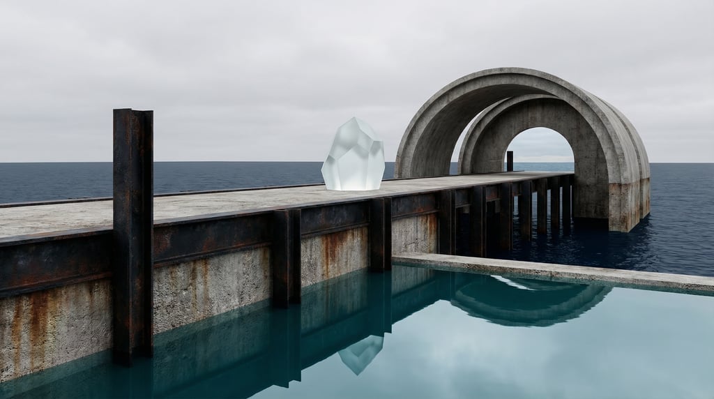 3D render of a weathered blackened steel and concrete pier extending into a deep navy sea under over