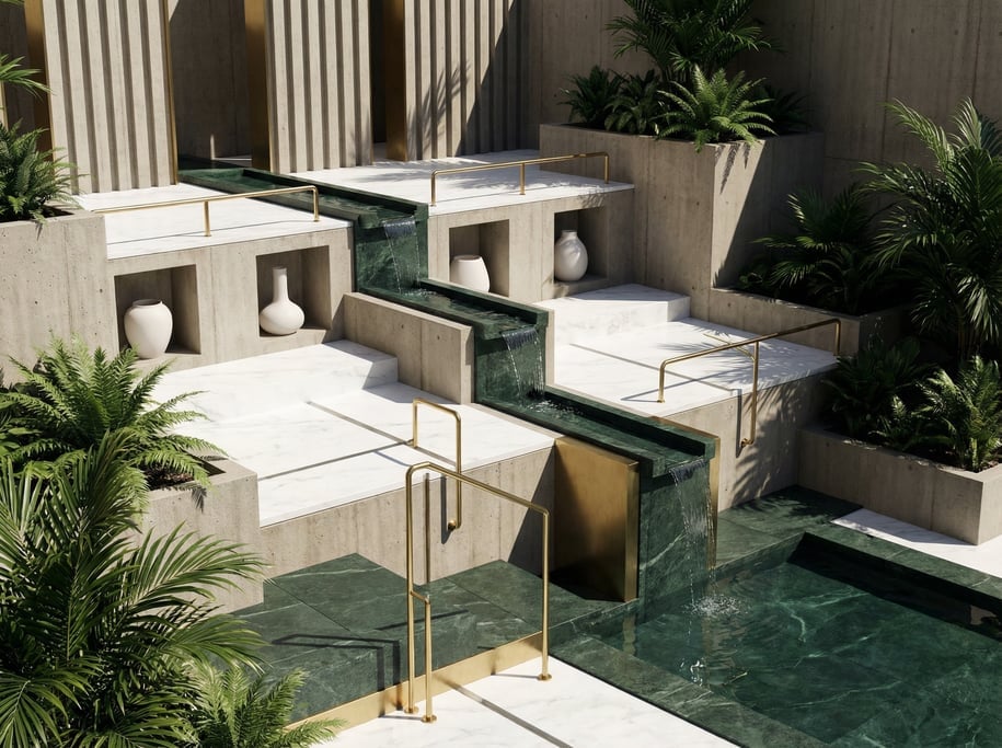 3D render of a hillside library with brushed concrete retaining walls creating multiple levels