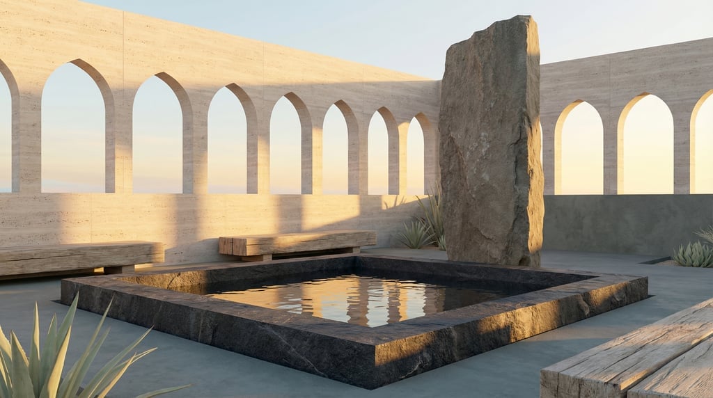 3D render of a desert sanctuary with pale travertine walls and A row of slender pointed arches openi