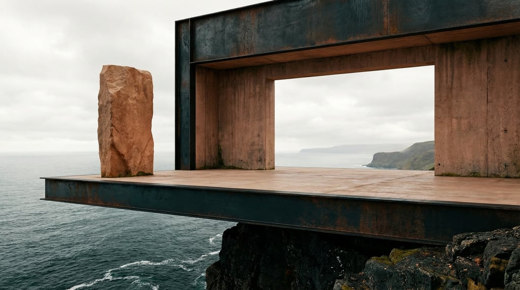 3D render of a cantilevered observation deck in blackened steel and concrete extending over a coasta