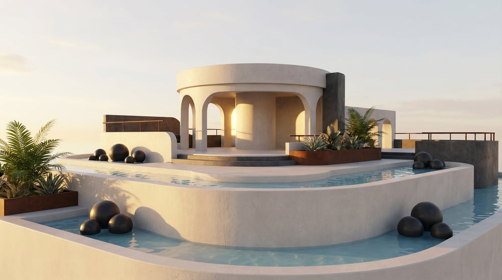 3D render of a hillside lounge with smooth off-white concrete retaining walls creating multiple leve