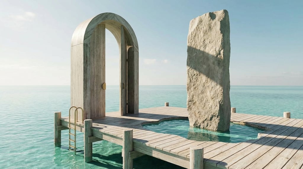3D render of a weathered pale cedar wood pier extending into a calm turquoise ocean