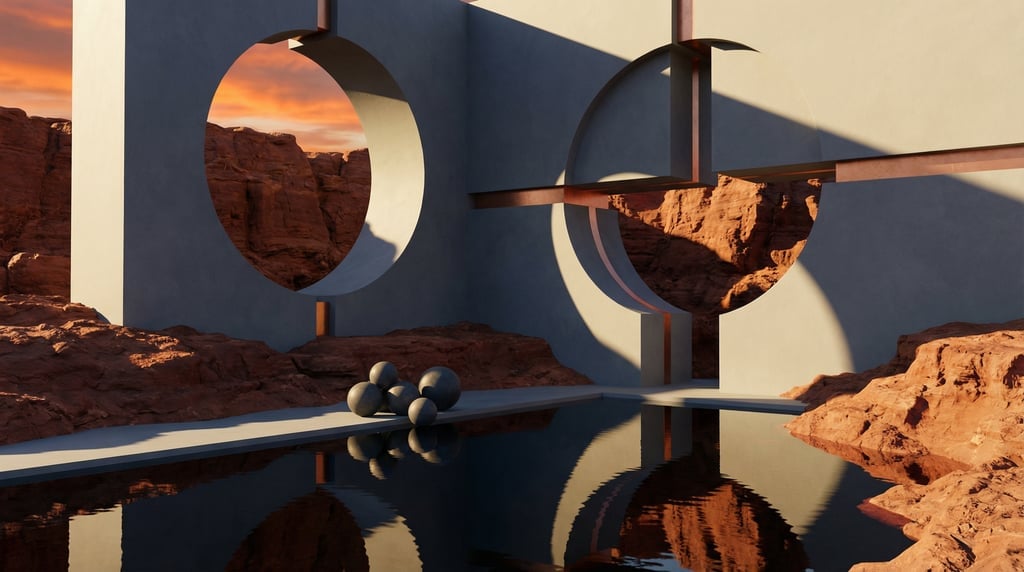 3D render of an arid landscape with geometric smooth rendered clay structures emerging from rust-red