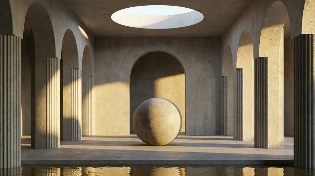 3D render of a Scandinavian gallery hall with lime-washed plaster walls and microcement in cool grey