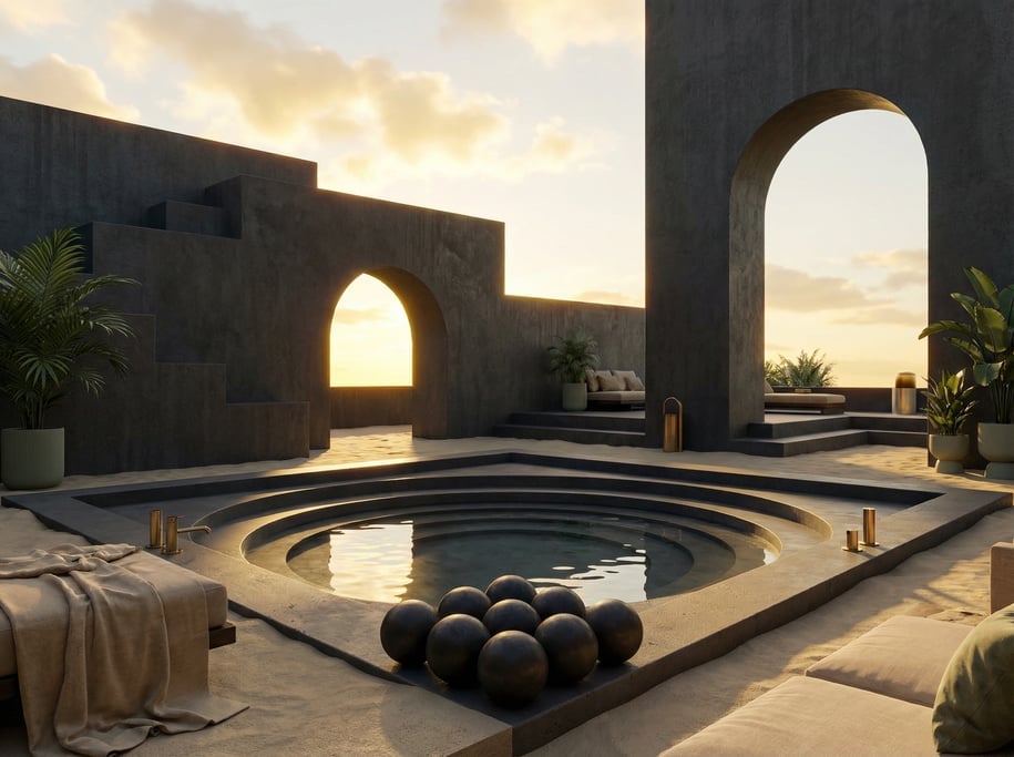 3D render of a rooftop lounge with dark pigmented concrete walls and an open sky above