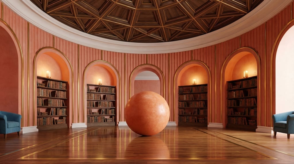 3D render of a circular library with fluted smooth rendered clay walls and polished brass inlay
