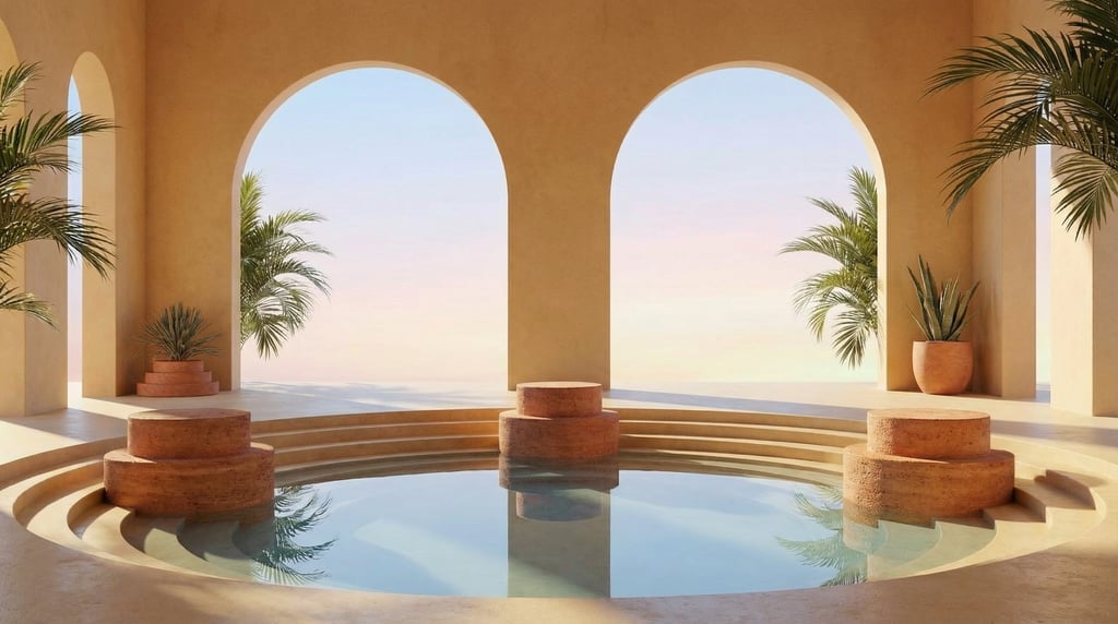 3D render of a desert sanctuary with smooth ochre sandstone walls and Two oversized semicircular ope