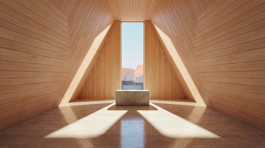 3D render of a minimalist chapel interior with pale cedar wood walls converging toward A single tall