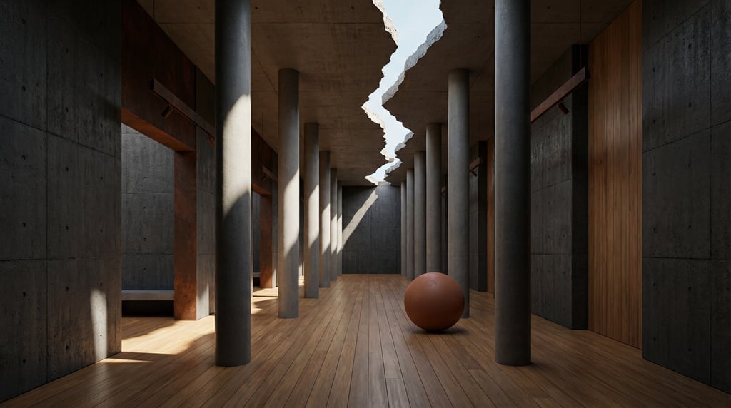 3D render of a Scandinavian gallery hall with raw concrete with formwork marks walls and warm timber