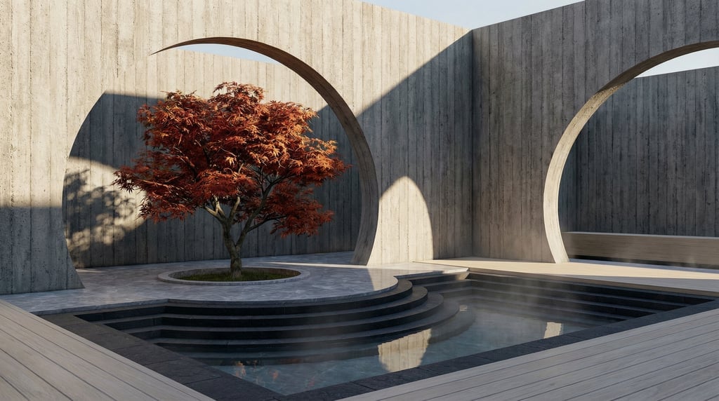 3D render of a contemplative garden enclosed by raw board-formed concrete walls with Two oversized s