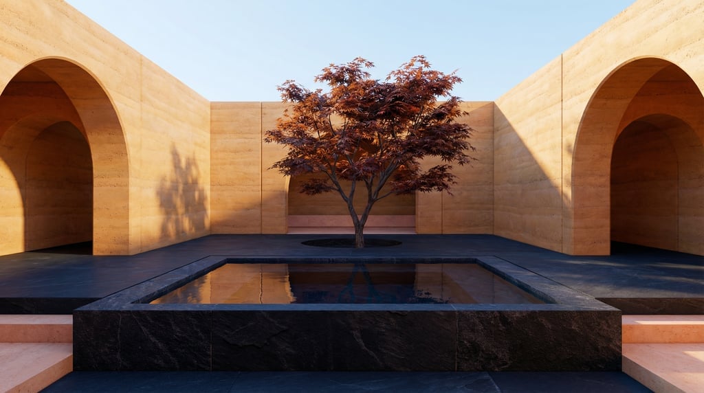 3D render of a contemplative garden enclosed by rammed earth in warm ochre walls with Wide barrel-va