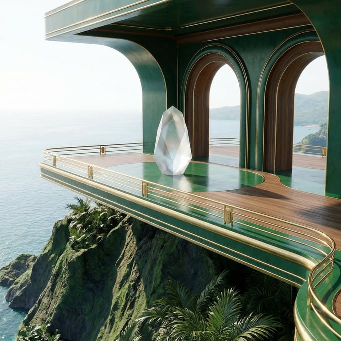 3D render of a cantilevered observation deck in polished plaster extending over a coastal cliff edge