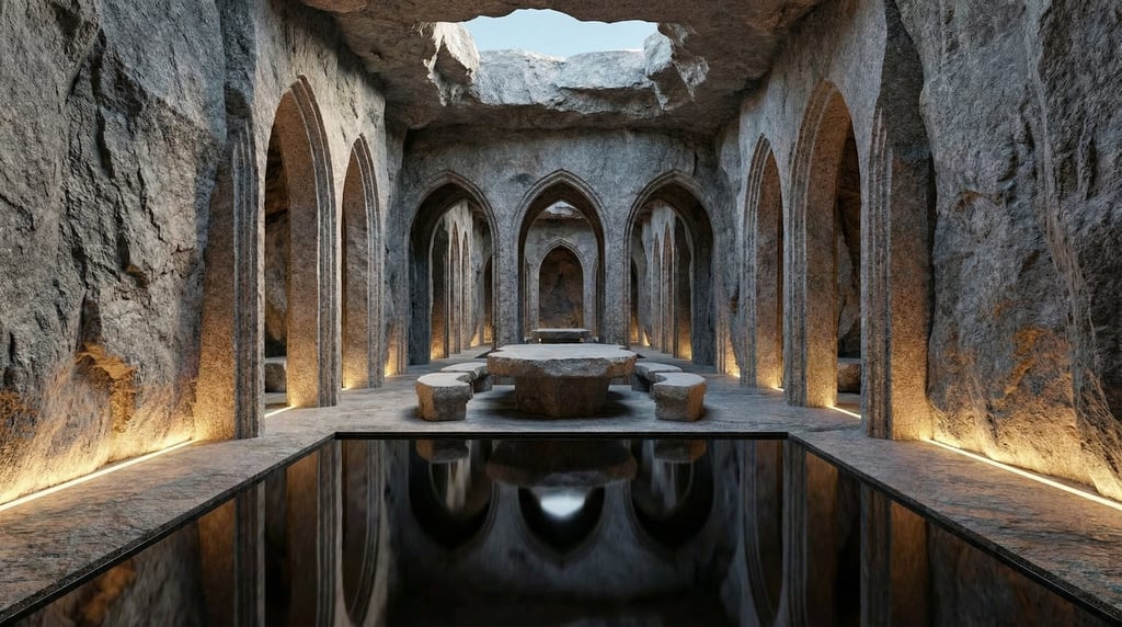 3D render of a subterranean garden pavilion carved from weathered grey granite