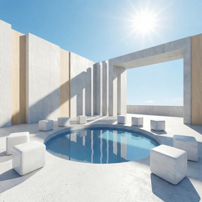 3D render of a rooftop observatory with brushed concrete walls and an open sky above