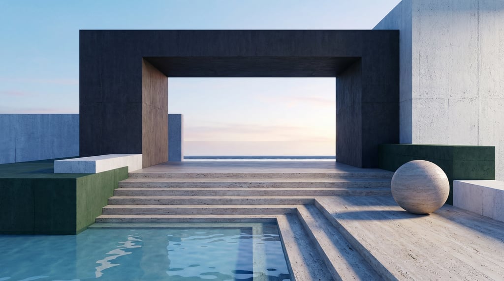 3D render of a modernist pavilion of dark pigmented concrete built over a calm warm mineral blue lag