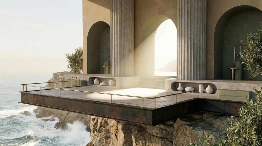 3D render of a cantilevered observation deck in blackened steel and concrete extending over a coasta