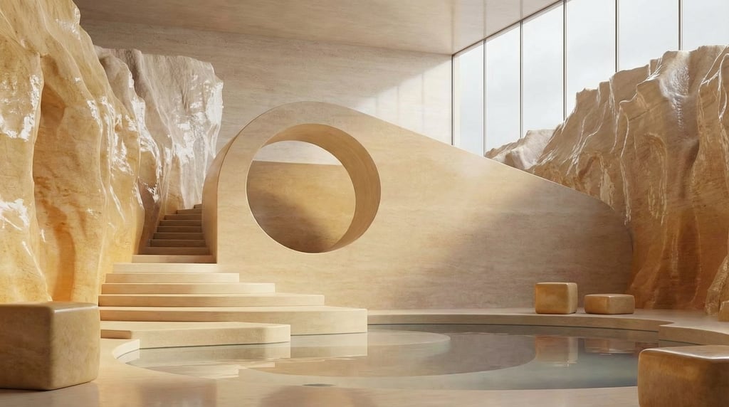 3D render of a cave-like gallery space with pale travertine walls smoothed to a polish