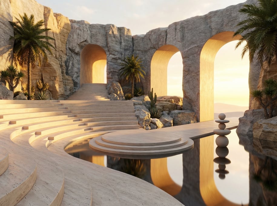 3D render of an open-air amphitheater carved into weathered grey granite