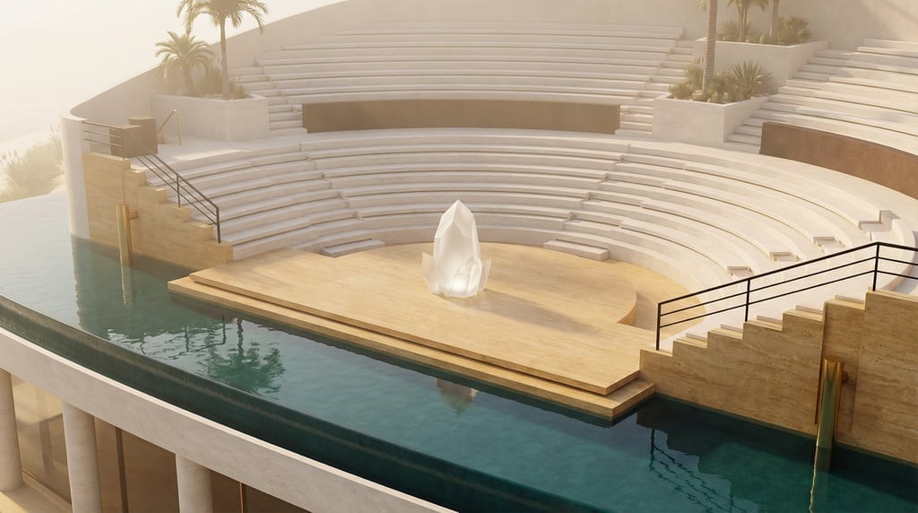 3D render of an open-air amphitheater carved into warm honey-toned limestone