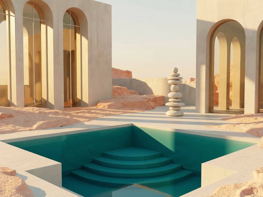 3D render of an arid landscape with geometric smooth off-white concrete structures emerging from sun