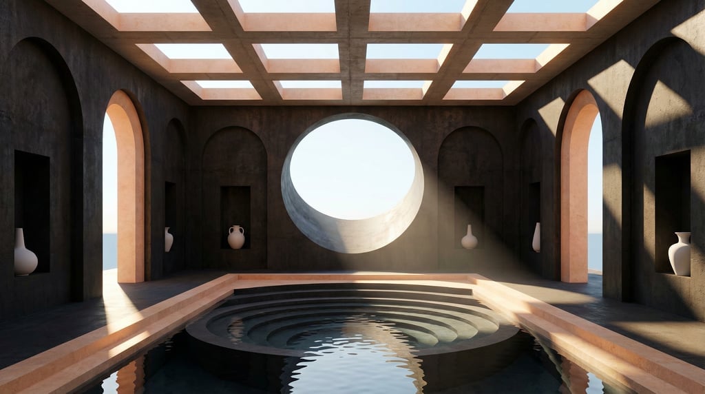 3D render of a neo-classical warehouse conversion with dark pigmented concrete walls and a massive o