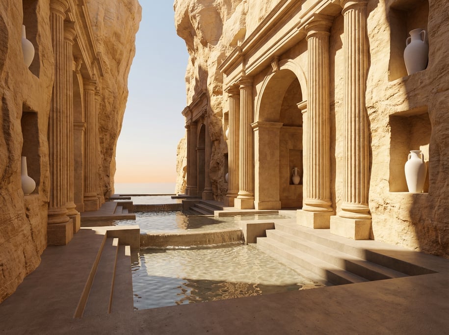 3D render of a neo-classical spa carved into a warm honey-toned limestone canyon