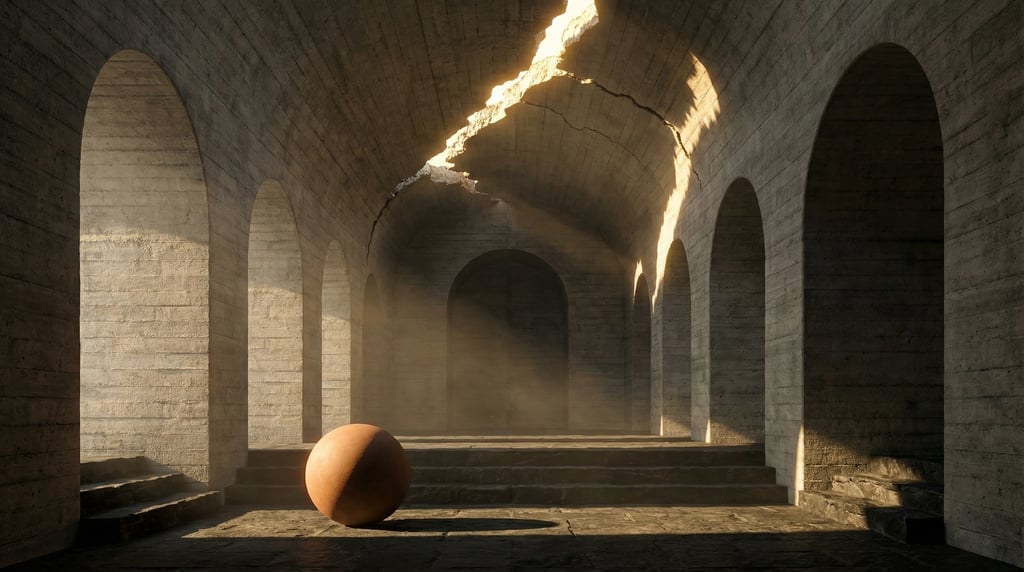 3D render of a Mediterranean gallery hall with raw board-formed concrete walls and dark basalt floor