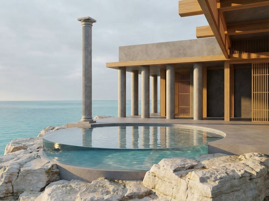 3D render of a Japanese-inspired coastal structure of polished plaster and white oak perched on pale