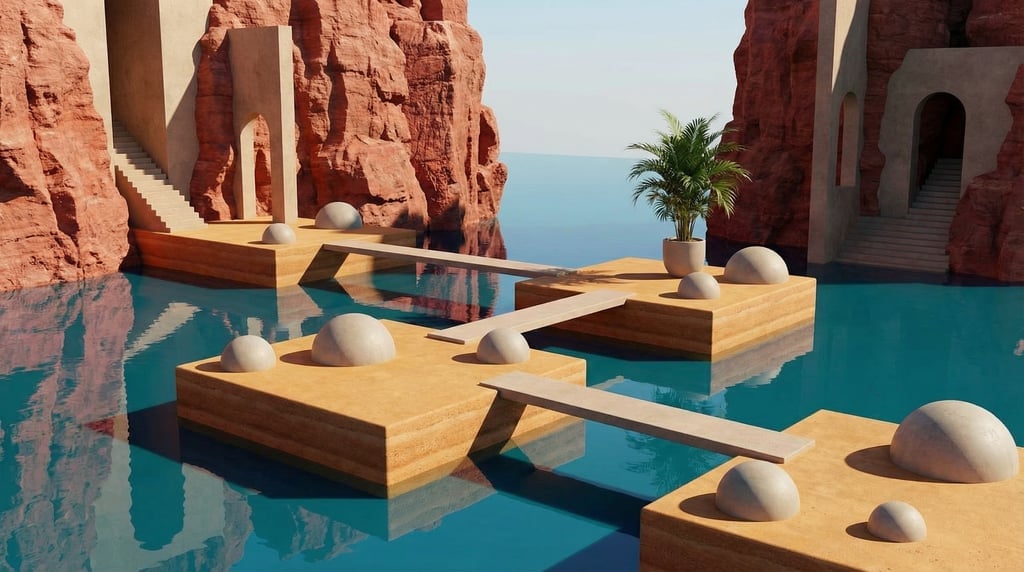 3D render of a series of interconnected rammed earth in warm ochre platforms stepping across a still
