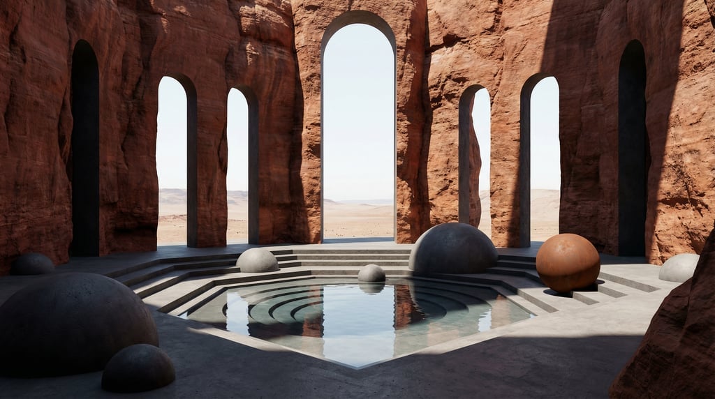 3D render of a sunken courtyard carved from rust-red canyon rock