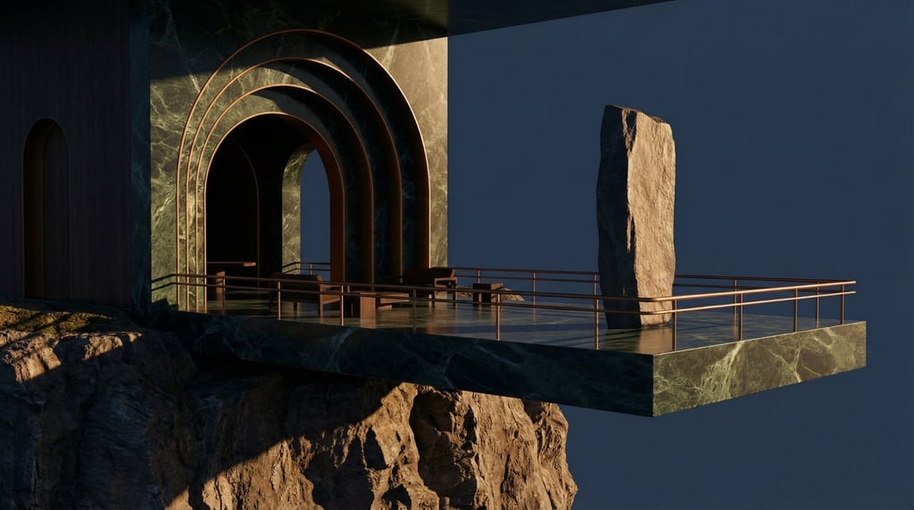 3D render of a cantilevered observation deck in dark verde marble extending over a coastal cliff edg