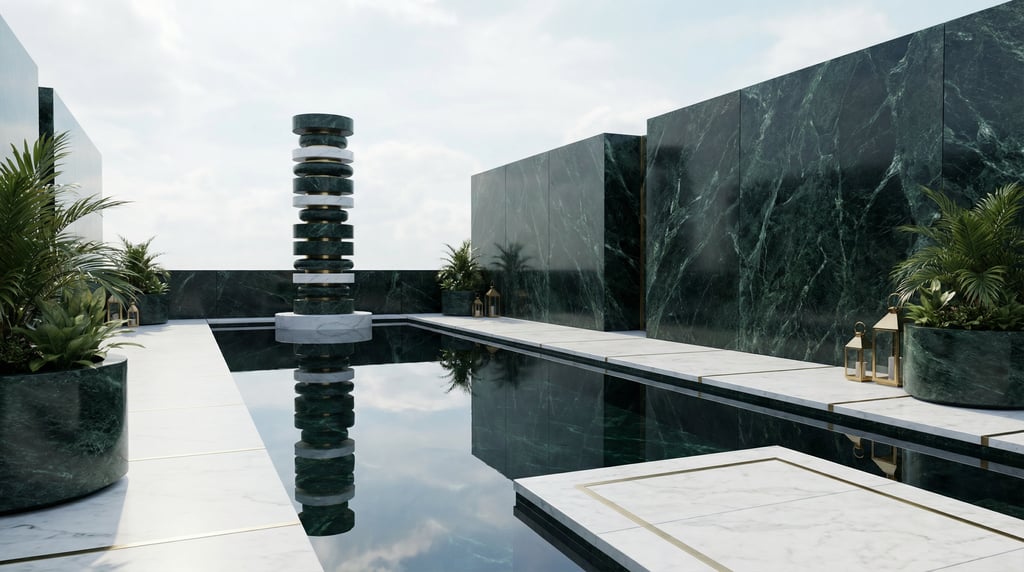 3D render of a rooftop lounge with dark verde marble walls and an open sky above