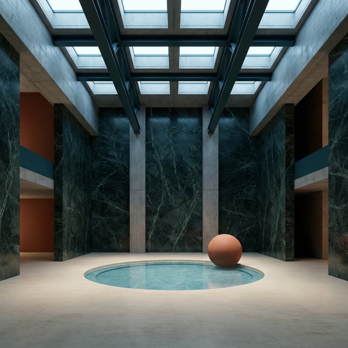 3D render of a monumental atrium with dark verde marble walls rising to exposed steel trusses and sk