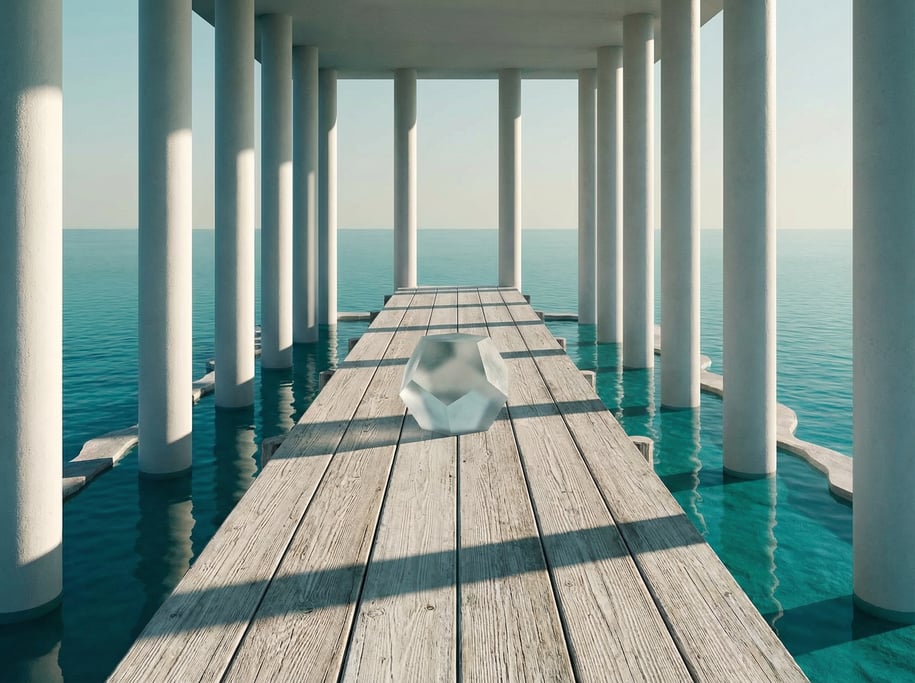 3D render of a weathered pale Douglas fir timber pier extending into a calm turquoise ocean