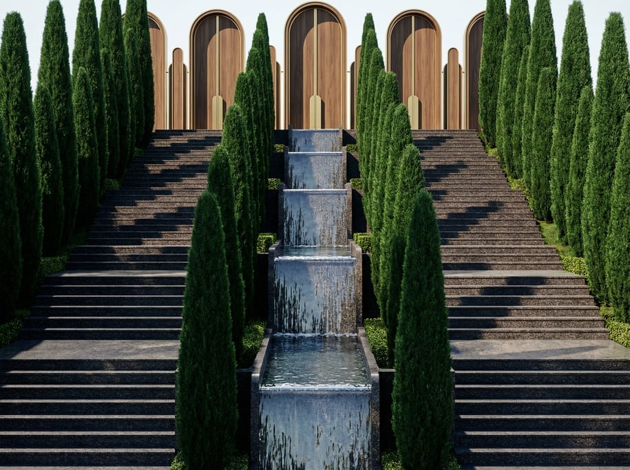 3D render of a vast terraced garden with wide steps of dark granite ascending the slope