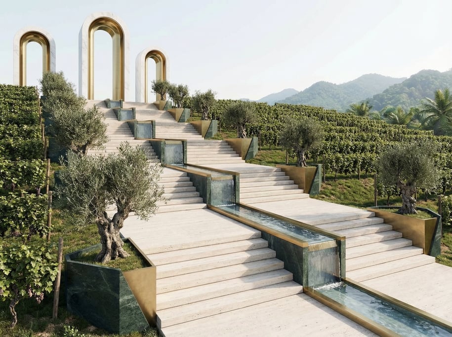 3D render of a vast terraced vineyard with wide steps of pale travertine ascending the slope