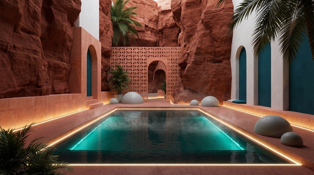 3D render of a thermal spring grotto with rust-red canyon rock walls and a natural A still rectangul