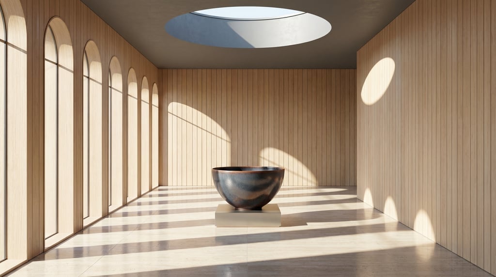 3D render of a modernist gallery hall with pale cedar wood walls and polished travertine floors