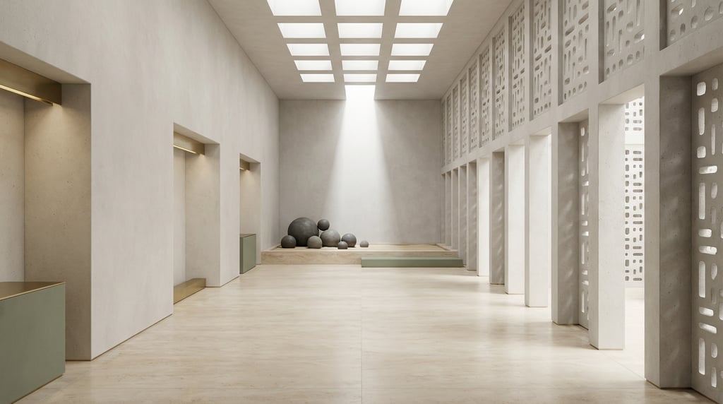 3D render of a minimalist gallery hall with smooth off-white concrete walls and honed marble floors