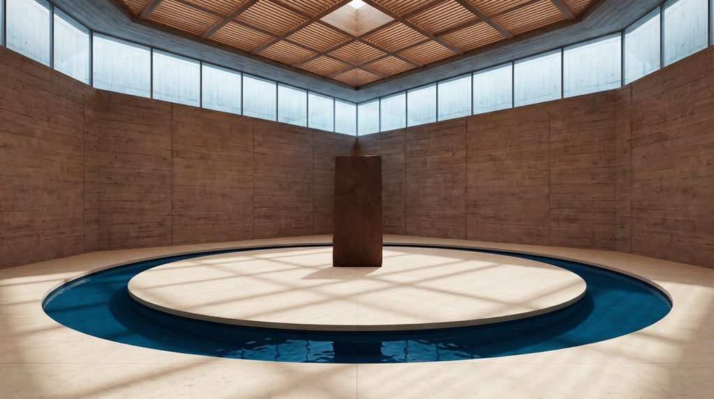 3D render of a meditation hall with raw board-formed concrete walls and a a slatted timber roof filt