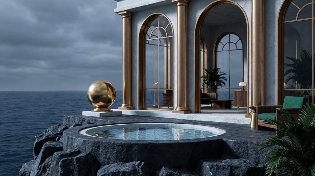 3D render of a neo-classical coastal structure of lime-washed plaster and polished bronze perched on