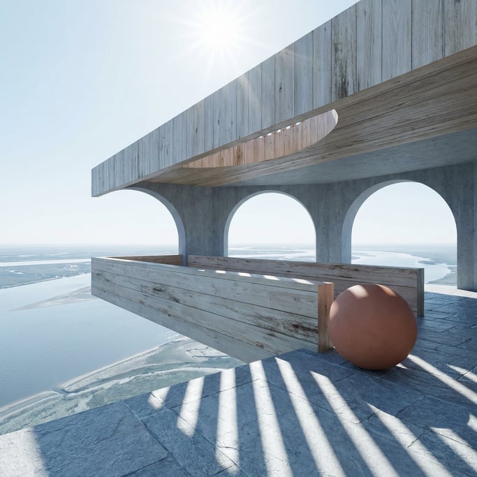 3D render of a cantilevered observation deck in pale cedar wood extending over a wide river delta